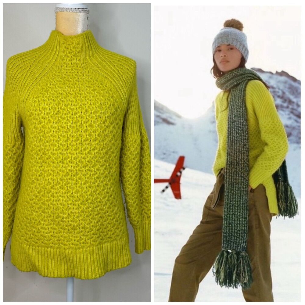 Anthropologie Bia Alpaca Blend Mockneck Sweater Size XS Lime Yellow